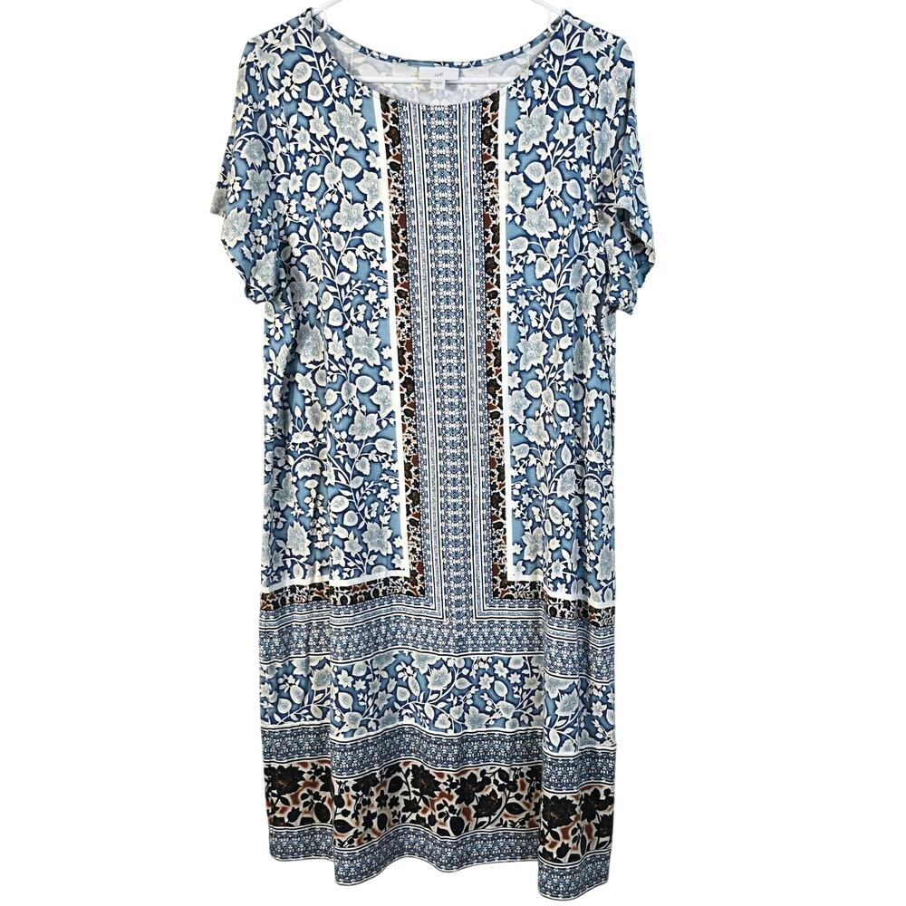 J Jill Dress Women's L Blue Rust Mixed Floral Print A Line Summer Casual Comfort